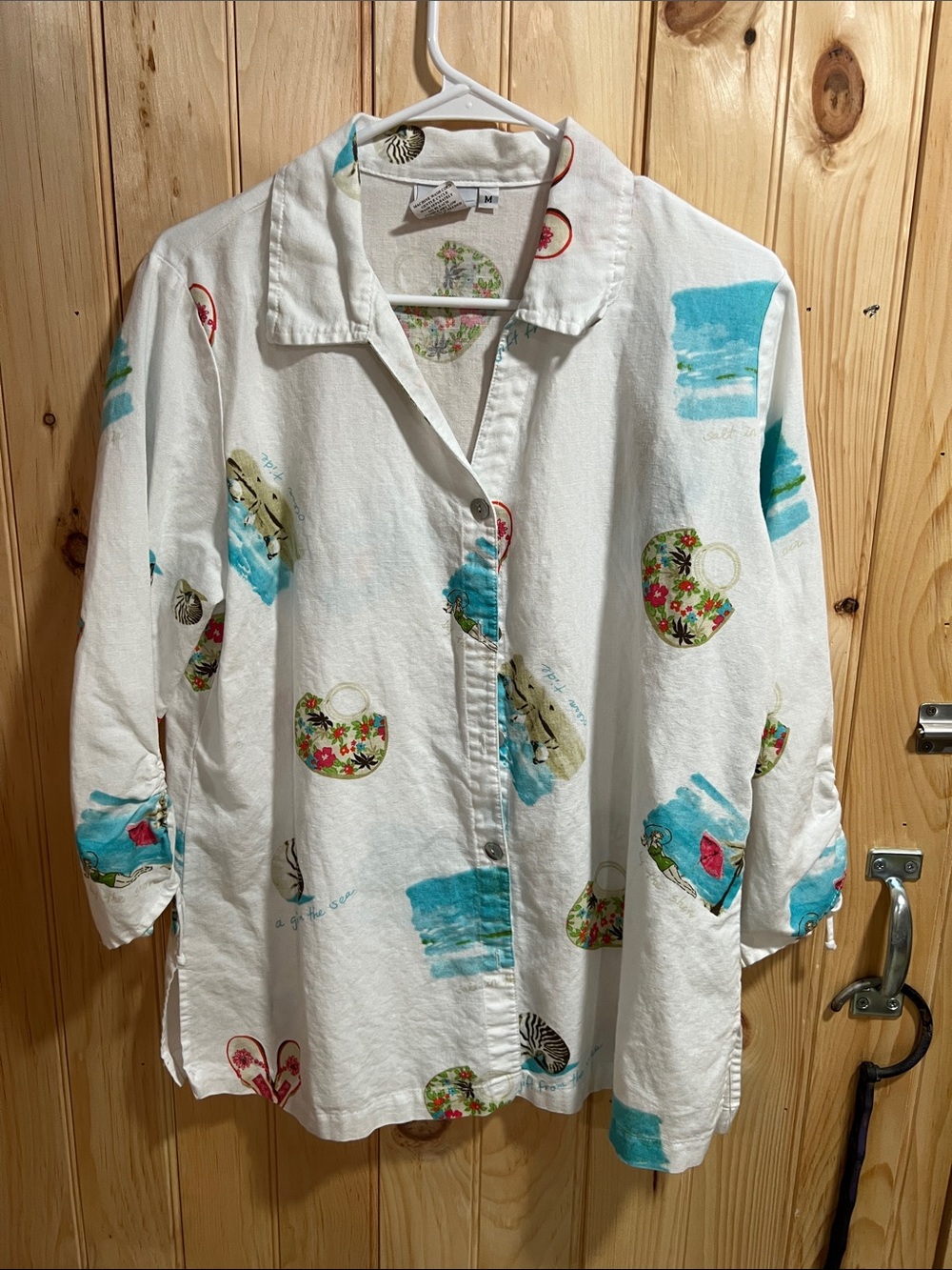 Hot Cotton White Button-Down Shirt with Aqua and Multicolor Prints